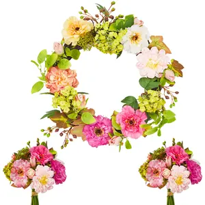 Spring Peony & Hydrangea Wreath with Lush Greenery – Artificial Flower Door Garland, Real Rattan Base, 2 Bouquets, Farmhouse Home Decor for Entryway, Wall, or Porch, 18/22/24 Inch