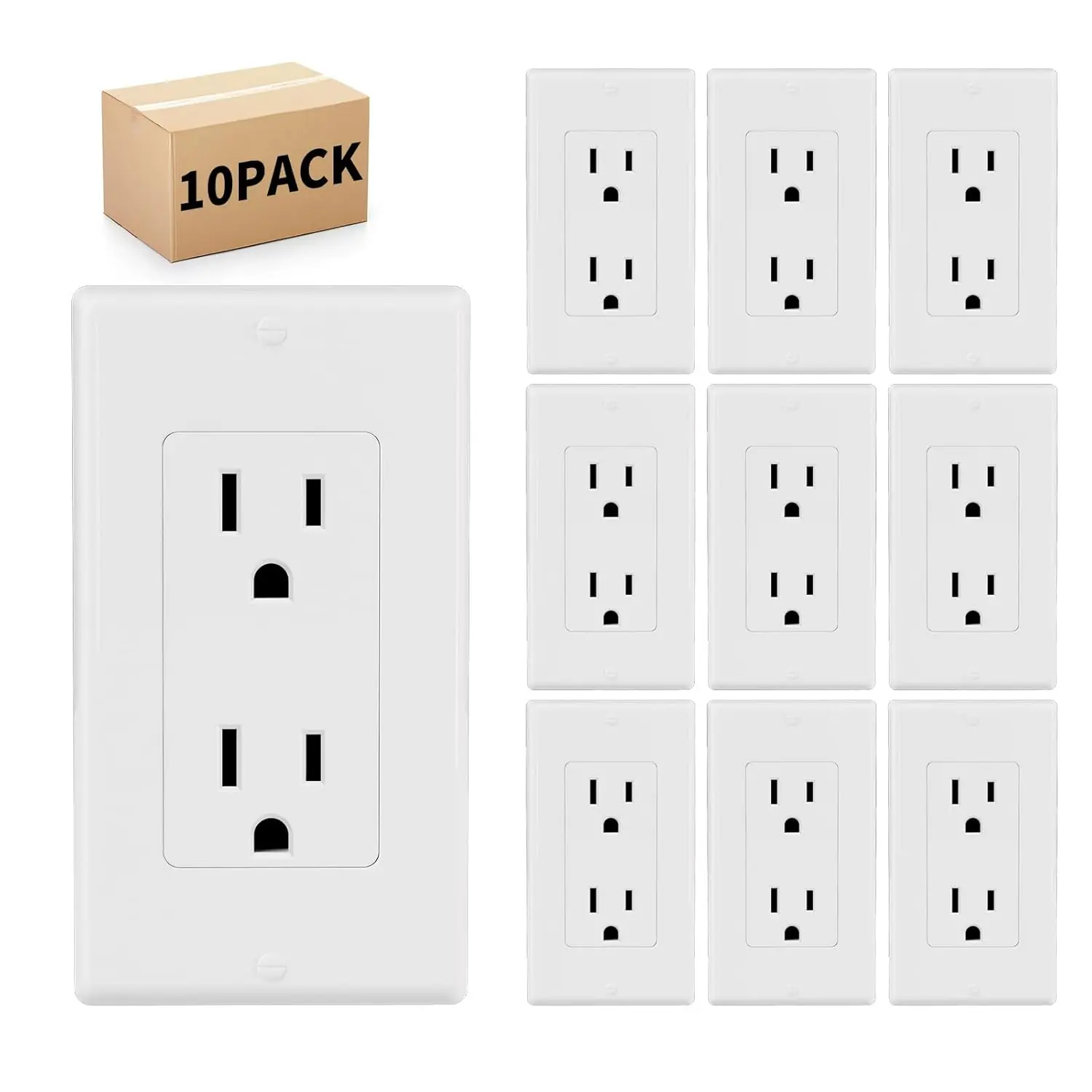 10 Pack -  Standard Electrical Outlet 15 Amp, 2 Pole 3 Wire, Non-Tamper Resistant, NEMA 5-15R, Self-Grounding Residential Grade, UL Listed, White Decorator Receptacle with Wall Plate and Screw