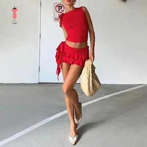 Women Summer Skirts Outfits Solid Color Tie-Up Shoulder Sleeveless Tank Tops Ruffles Mini Skirts 2 Pieces Clothes Set