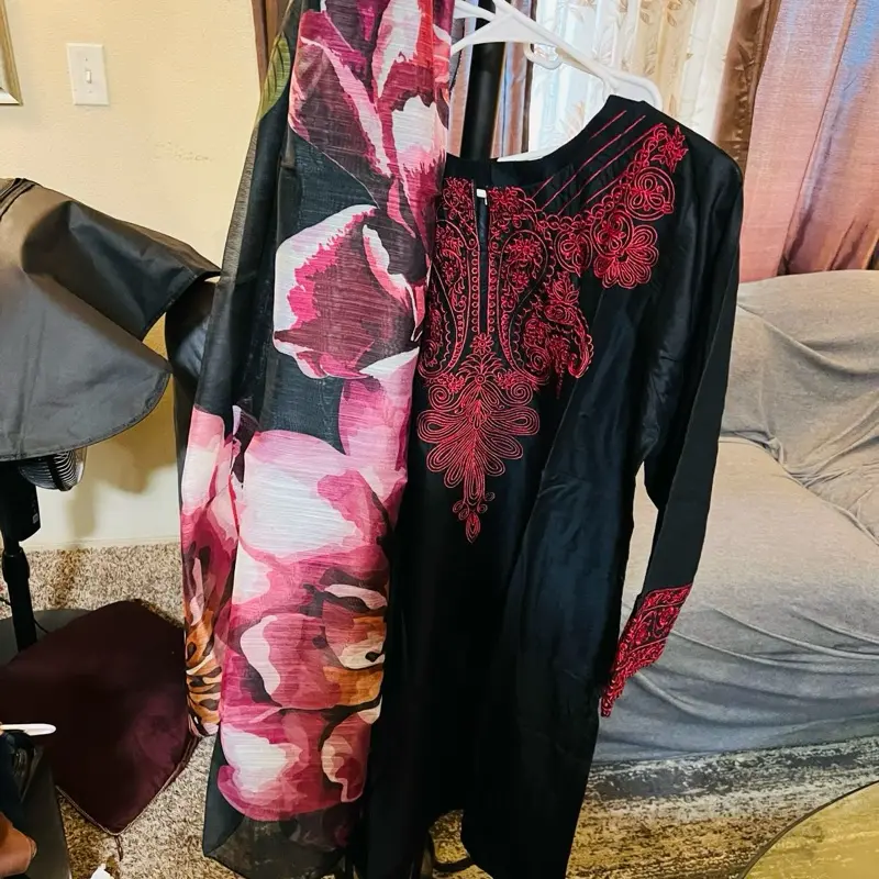 Lilan 3piece Embroidered Black Dress with Pink Floral Scarf Set for Women