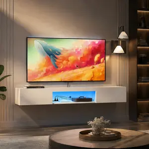 ARCH Floating TV Stand Wall Mounted with 16 Color LEDs, 63 Inch Modern Entertainment Center for 55 60 65 Inch TV, White MDF Cabinet with Storage Shelves, Cable Management, Living Room Media Console, White Color Options, MDF Material