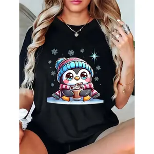 Women's Christmas Cute Penguin T - Shirt, Knit Hat Scarf Hot Cocoa Snowflake Print, Casual Winter Holiday Party Top for Women & Girls 100% Cotton T-shirt
