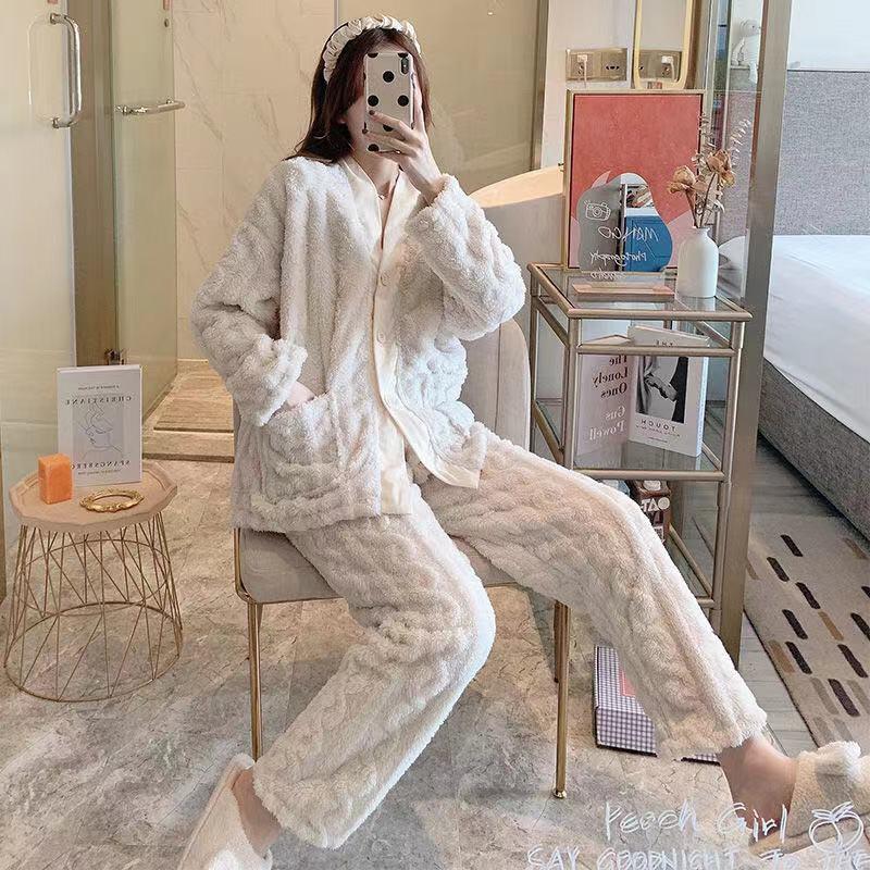 Autumn/winter Season High-end Coral Fleece Pajama Set Women's Long Sleeve Loose-fit Thickened Warm Suit