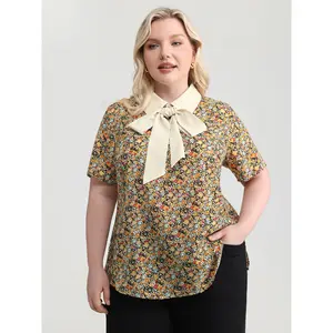 BloomChic Women's Plus Size Short-Sleeve Nostalgic Floral Print Ribbon Tie Neckline Blouse Top, Multicolor Spandex Clothes, Smooth Fit Garment, M-6X Sizes, 2026 Summer Mother's Day Pick,summervibes