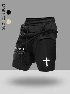 Men's Summer Fashion Print Drawstring Gym Shorts, Unique Cross and Letter Prints, Casual Outdoor Sport Two-Piece Shorts