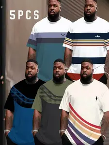 5-Piece Plus Size Men's Fashion Printed T-Shirts, Casual Round Neck, Summer New Arrival, Striped Design, Regular Fit, Daily Wear