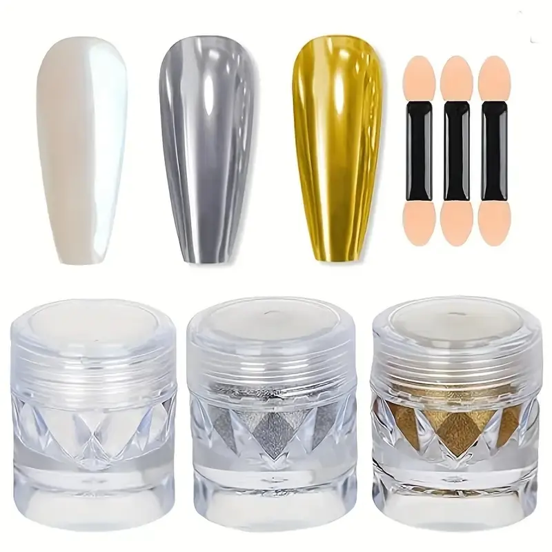 3-Piece Nail Glitter Powder Set, Aurora Mirror Effect Holographic Gold Silver Chrome Dust, DIY Nail Art Decoration, Glitter Powder Decorations