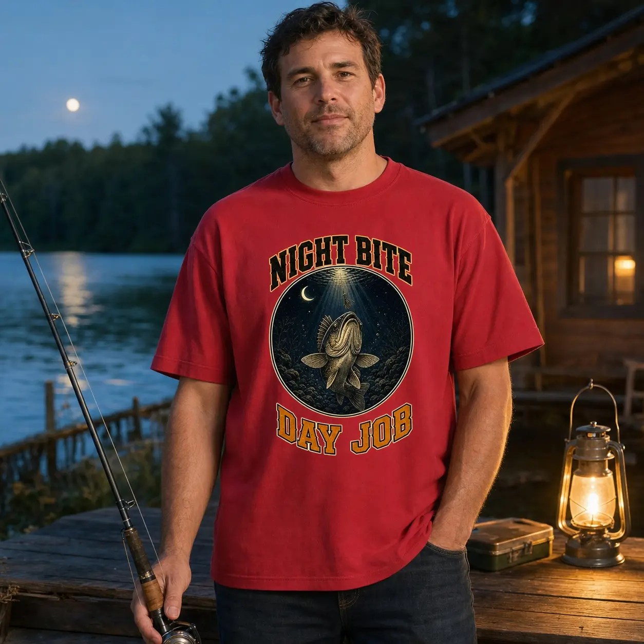 XTAUTO Night Bite Day Job Fishing T-Shirt, Unisex 220G Cotton Regular Fit Crew Neck with Retro Largemouth Bass Graphic for Freshwater Fishing and Outdoor Anglers, Men and Women