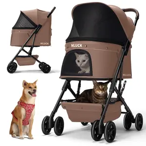 Pet Stroller for Dogs & Cats - Lightweight Stroller with Leather Handle, One-Hand Fold, Breathable Mesh & Zipper Canopy, 4-Wheel Travel Carrier with Storage (Brown)