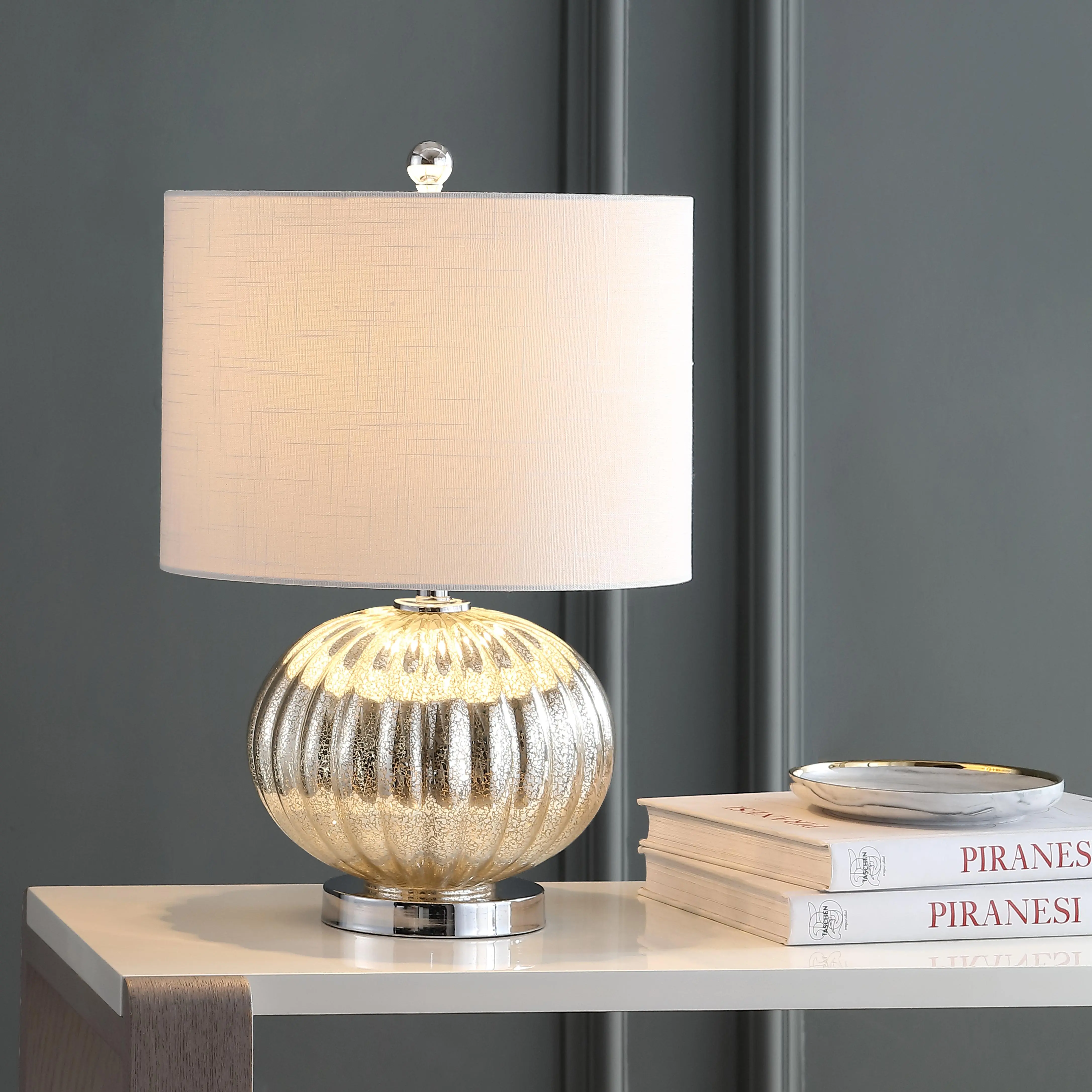 JONATHAN Y Judith Table Lamp Ribbed Glass 21", Mercury Silver/White | Modern Transitional Bedside Nightstand Light, Metal Base, 100% Linen Drum Shade, UL Listed, Rotary Switch, LED Bulb Included