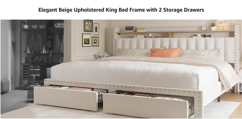 RaybeeFurniture Bed frame for Queen Bed Frame with Headboard&Storage,NO MATTRESS,  Luxury Upholstered Bed Frame with Storage, 2 Drawers & Shelf on Headboard, NO Noise, KING, FULL, Twin, Mother's Day Gifts [Falldealsforyou]