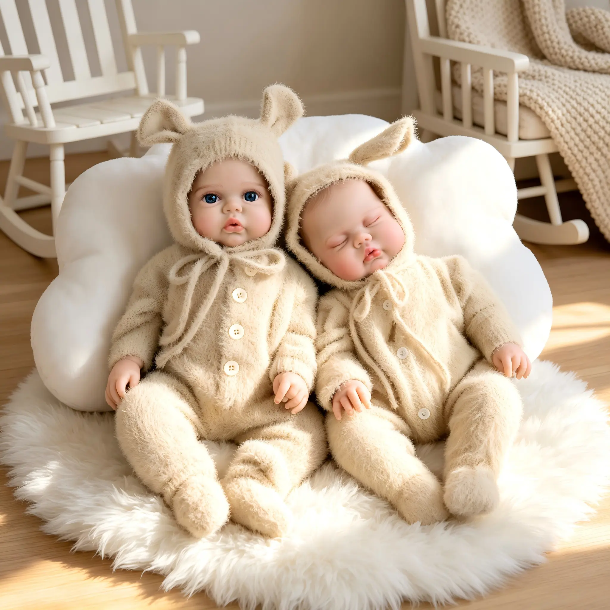 19in Reborn Baby Doll Twins Set, Lifelike Realistic Newborn Unisex Collectibles, Hand-Painted Chubby Cheeks, Blue Eyes, Cotton/Vinyl Body with Soft Stuffed Core, Mink Knit Outfit, Kids' 3+ Holidays/Birthdays Gift Toy