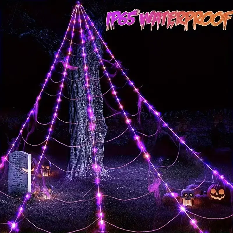 16ft Giant Spider Web LED Light – 250 Purple Lights, 8 Lighting Modes, Outdoor Halloween Decoration; Battery-Operated, Easy to Hang; Perfect for Spooky Holiday Displays and Halloween Decor