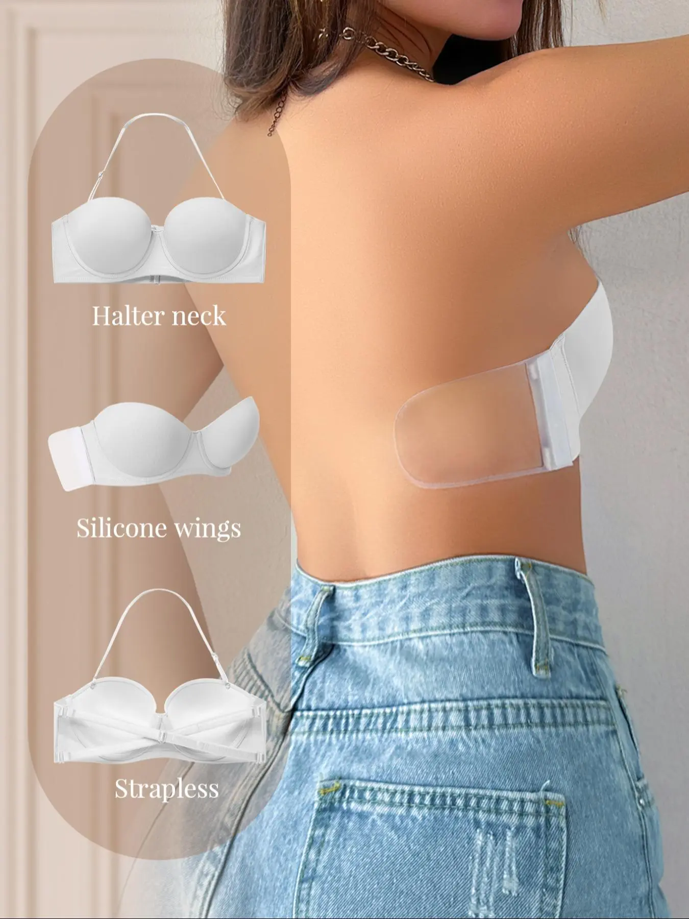 Women's Solid Color Convertible Bra, Multiway Bra, Strapless & Halter Neck Multi-Way Wear, Underwire Push-Up with Silicone Side Wings, Cross Back Design, Supportive Comfortable Bra for All Seasons