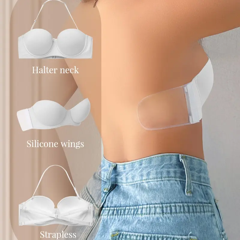 Women's Solid Color Strapless Halter Bra with Underwire Push-Up, Silicone Side Wings, Convertible Cross Back Design, Multi-way Wear for All Seasons Casual