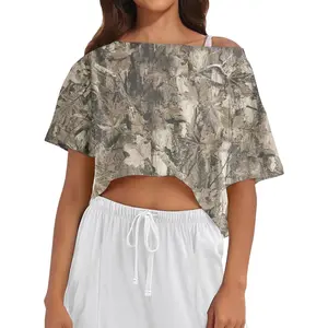 Oversized off the shoulder top for women short sleeve boat neck crop tee loose summer workout V-neck loose sleeve cotton T-shirt black casual fit chic