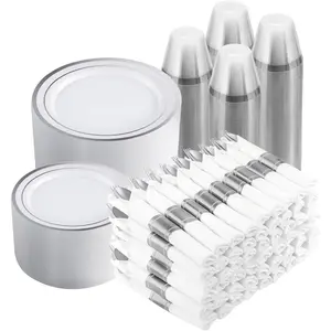 700 count White and  Plastic Dinnerware Set for 100 Guests, 200 Disposable Plates for Party, 100 Pre Rolled Napkins with  Silverware, 100 Cups