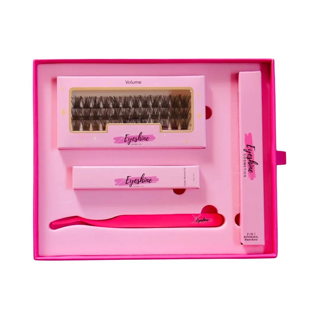 Eyeshine Volume Lash beginner kit includes (black 12-16mm) lashes, Black Bond and Seal, tweezer, and oil remover