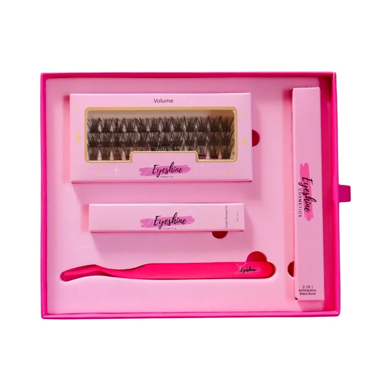 Eyeshine Volume Lash beginner kit includes (black 12-16mm) lashes, Black Bond and Seal, tweezer, and oil remover