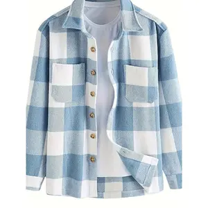 Lightweight Flannel  Men's Plaids Shirt Button Down Shacket Casual With Pockets Collar Menswear Collar Tops Overshirt Sleeve Hem Polyester