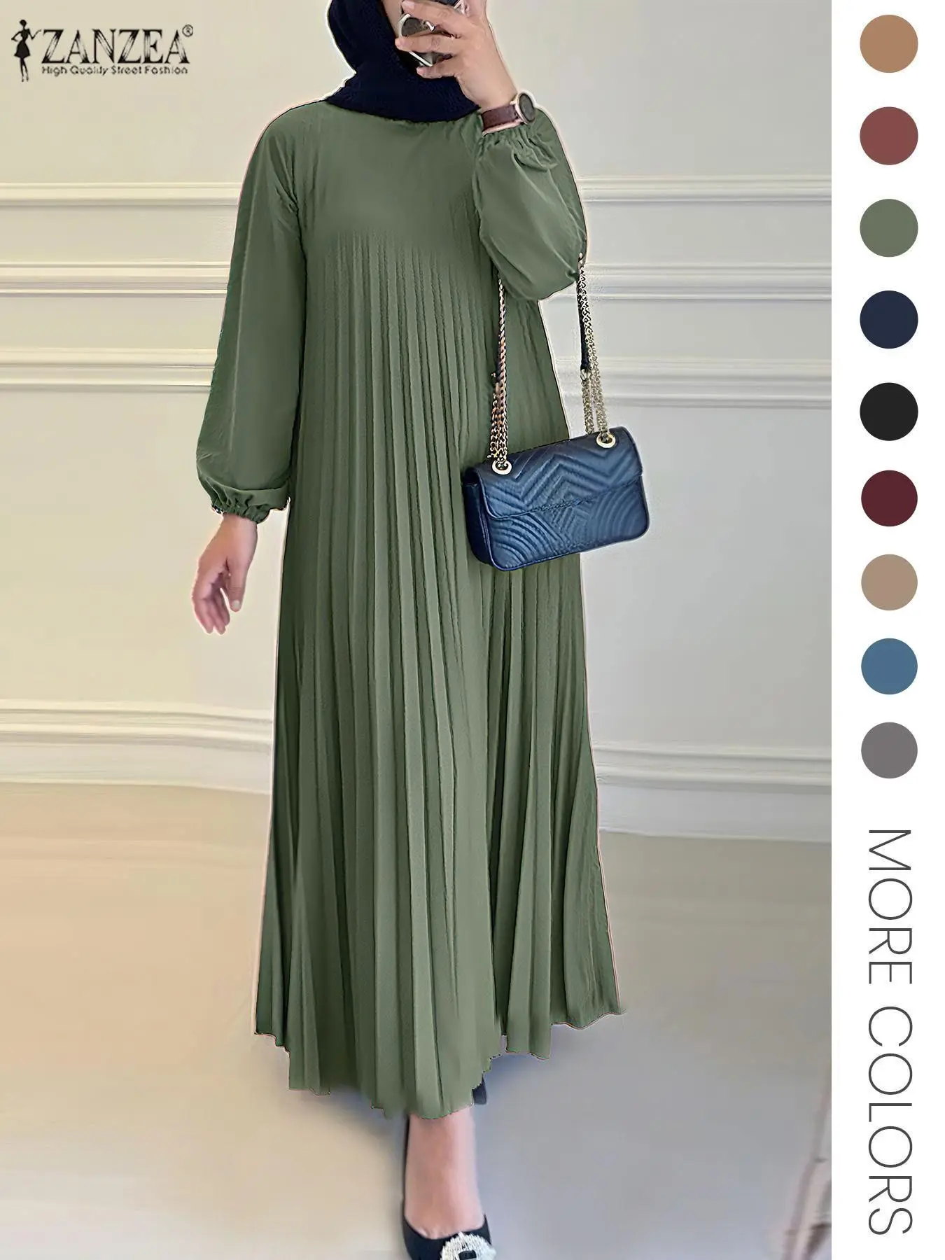 ZANZEA Women's Solid Color Bishop Sleeve Pleated Kaftan Dress, Modest Long Sleeve Keyhole Neckline Dress for Party Holiday Wedding Guest, Ladies Fall & Winter Clothes