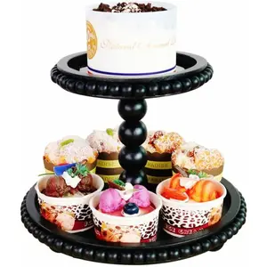 2 Tiered Tray Stand Display Farmhouse Tiered Tray with Beads Home Decor, Wood Cupcake Stand, Two Tier Tray with Beads for The Coffee Table(Black).