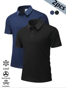 2-piece men's casual simple plain solid color lapel button fitted athletic polo shirt, lightweight, breathable and quick drying, knitted short sleeved top, comfortable summer wear, suitable for outdoor sports and leisure, unisex.