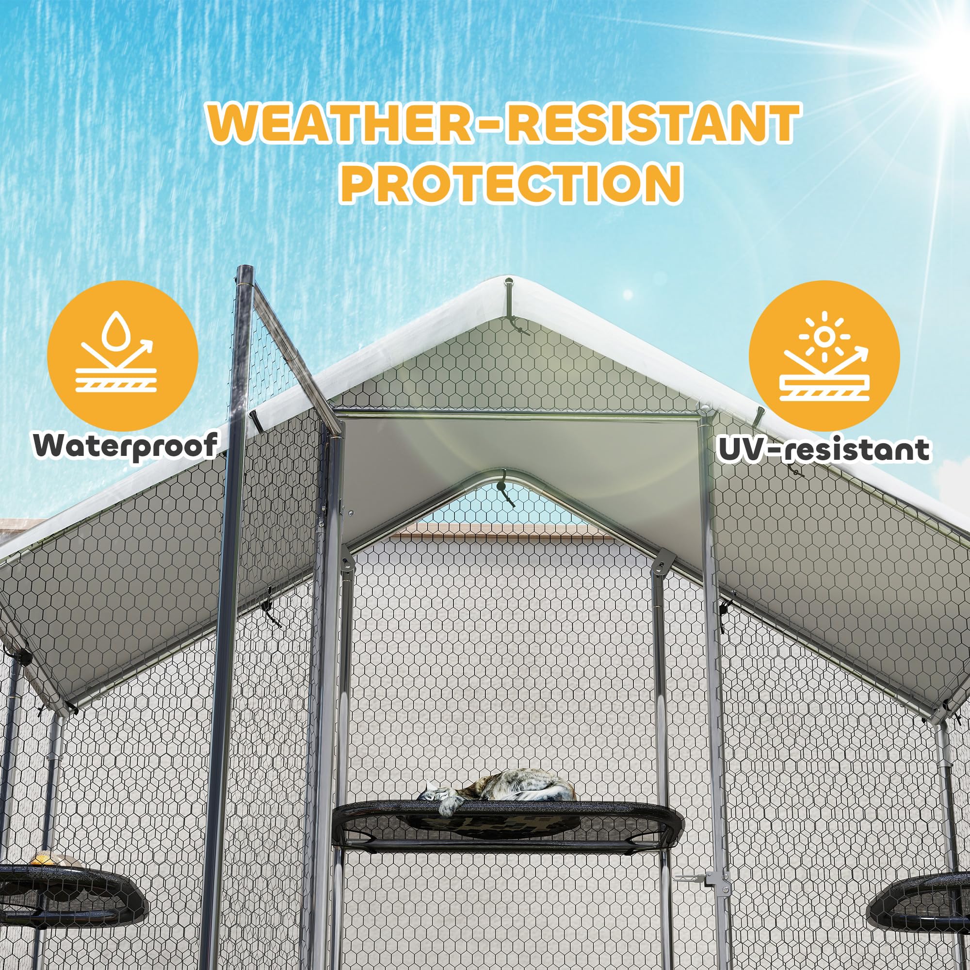 Large Catio Outdoor Cat Enclosure, Galvanized Steel Walk-in Cat Patio for Multiple Kittens, Outdoor Kitty Cage with Waterproof Cover, 5 Adjustable Platforms, Hammock, Chicken Coop Pointed Roof
