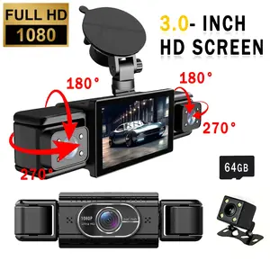 4 Channel Dash Cam with Free 64GB SD Card, 3" IPS Screen 1080P Front and Rear Inside, Left Right Dash Camera for Cars, Night Vision, G-Sensor