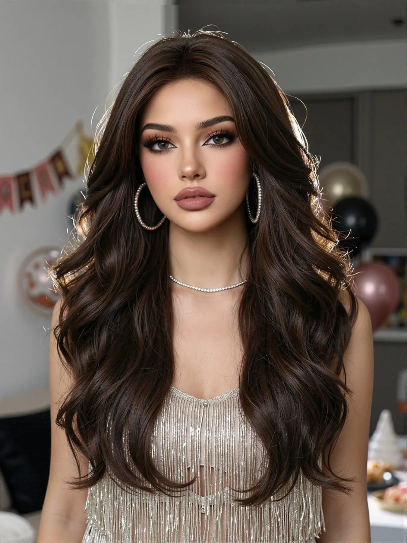 24 Inch Chocolate Body Wave Wig for Women, Natural Long Wavy Synthetic Wig, Heat Resistant Fiber, Middle Part, Daily Party Wig, Synthetic Machine Wigs, Premium Synthetic Wigs, High Quality Wigs