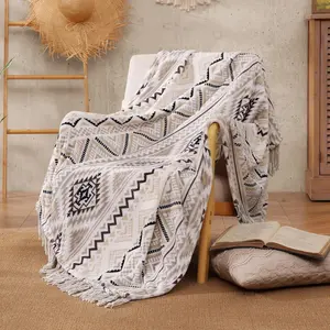 Boho Throw Blanket - Beige and Gray Decorative Blankets with Tassel, Printed Flannel Bohemian Blanket for Chair, Bed, Sofa, Couch(50 * 60, Beige and Gray)