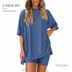 Crewneck Two-Piece Lounge Set For Women Summer Casual Oversized Split Hem Top & Relaxed Fit Shorts Minimalist Soft Viscose Comfy Homewear Cozy Pajamas