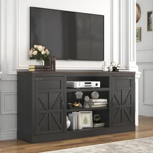 66" Farmhouse TV Stand with Power Outlets for 75 65 Inch TVs, 33" Tall Entertainment Center with Storage Cabinets w/Adjustable Shelves, Rustic Large TV Media Console for Living Room, (Black/Brown/Oak/White)
