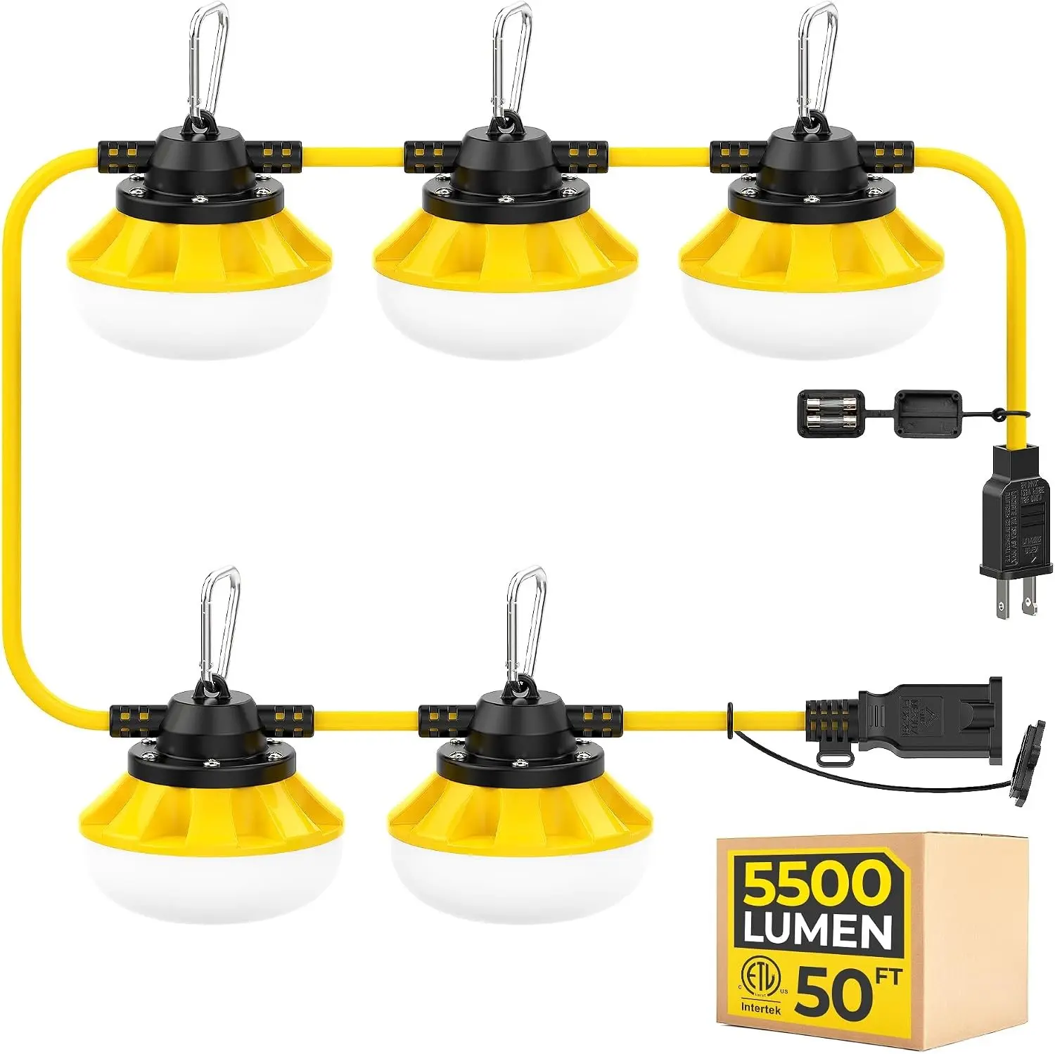 50FT 50W LED String Lights, Temporary Construction Work Lighting | ETL Listed, Linkable Up to 16 sets, 18/2 SJTW Cord, IP65 Waterproof, Outdoor Hanging Lights for Jobsite Attic Crawl Space