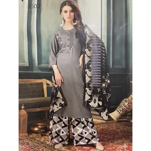 #PL3-4 Geometric Palazzo delicate embroidered neckline cotton kurthee paired with bold geometric printed palazzo pants and matching dupatta shawl 3‑Piece Suit | Grey & Black