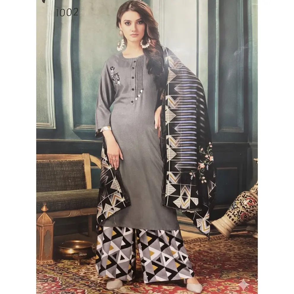 #PL3-4 Geometric Palazzo delicate embroidered neckline cotton kurthee paired with bold geometric printed palazzo pants and matching dupatta shawl 3‑Piece Suit | Grey & Black