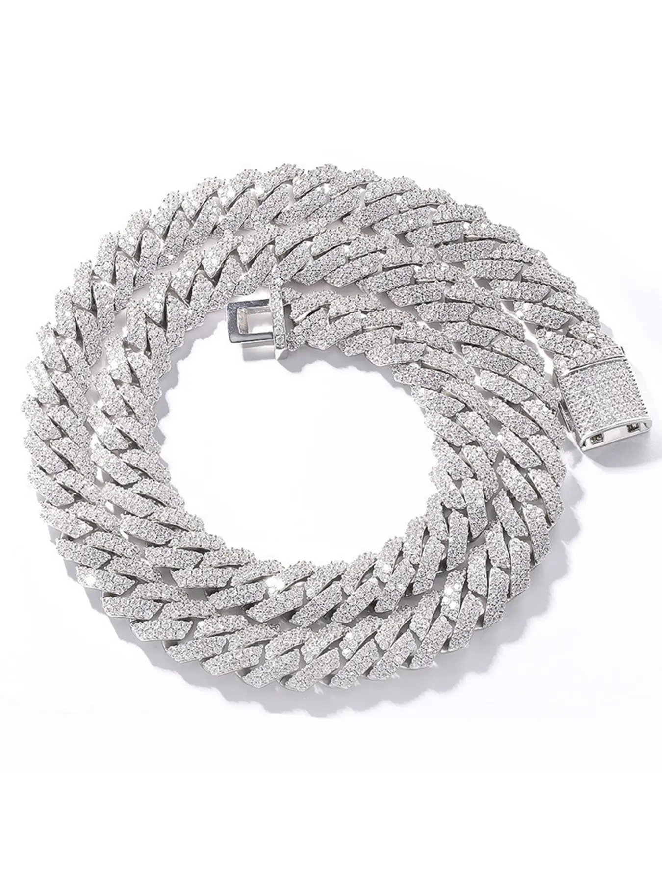 14Mm Rhombus Double Row Full Diamond Cuban Chain Interlocking Chain Hip Hop Ornament, Jewelry Necklace, VVS1 Transparent Synthetic Moissanite Gemstone, Wedding/Christmas Gifts, Men's Luxury Daily and Special Occasion Necklace