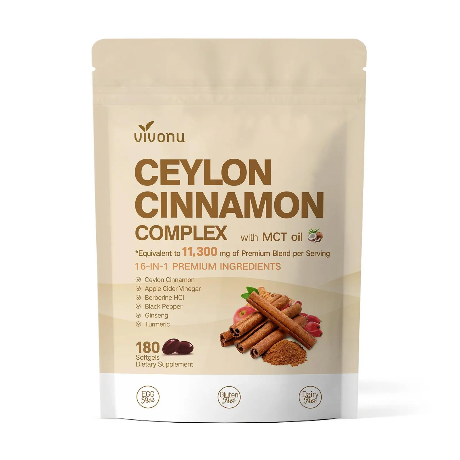VivoNu 16-in-1 Ceylon Cinnamon Complex Softgels with Berberine HCL, Apple Cider Vinegar & Turmeric | MCT Oil for Better Absorption, Support Healthy Blood Sugar Balance & Gut Digestive Comfort，180 Softgels