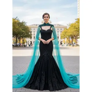 Jodee Black Trumpet Wedding Dress with Teal Cape  ,Halloween Wedding Dress, Trumpet Black Dress with Cape, Brides &amp; Tailor Black Dress