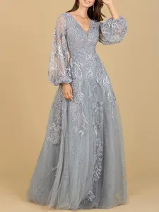 V Neckline Balloon Sleeve Gown