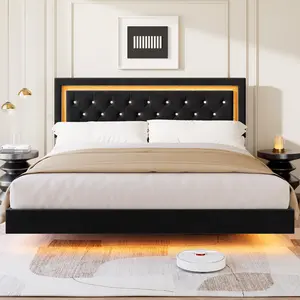 Garvee Floating King Size Bed Frame with Led Lights, Upholstered King Platform Bed with Diamond Headboard, Wooden Slats Support, No Box Spring Needed, Noise-Free, Easy Assembly - Black