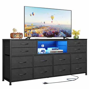 Sikaic 55 inch LED TV Stand Dresser with Power Outlets and 12 Drawers PU Black Furniture Storage Organize Living Room Modern Design Organization Organizing