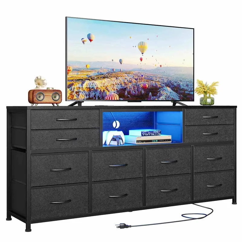 Sikaic 55 inch LED TV Stand Dresser with Power Outlets and 12 Drawers PU Black Furniture Storage Organize Living Room Modern Design Organization Organ