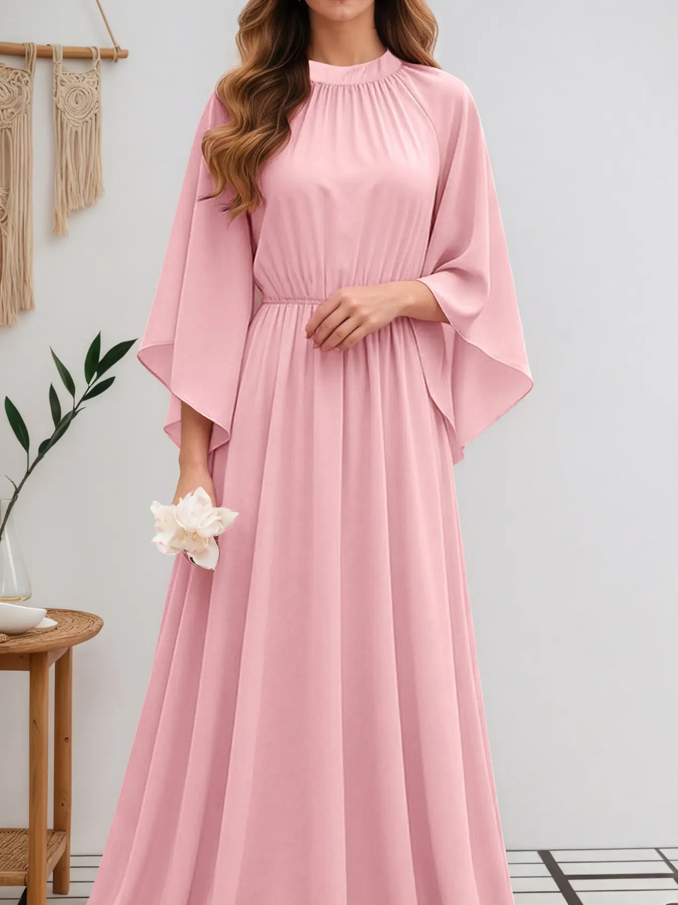 ZANZEA Women's Casual Style Fit Dress Maxidresses, Round Neck, Three-Quarter Bell Sleeve, Contracted Waist, Pleated Mid-Length Design, Perfect for Daily and Everyday Wear