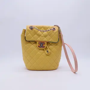 Pre-owned CHANEL Leather Backpacks Quilted Backpack in Silver Yellow Lambskin CC B21940
