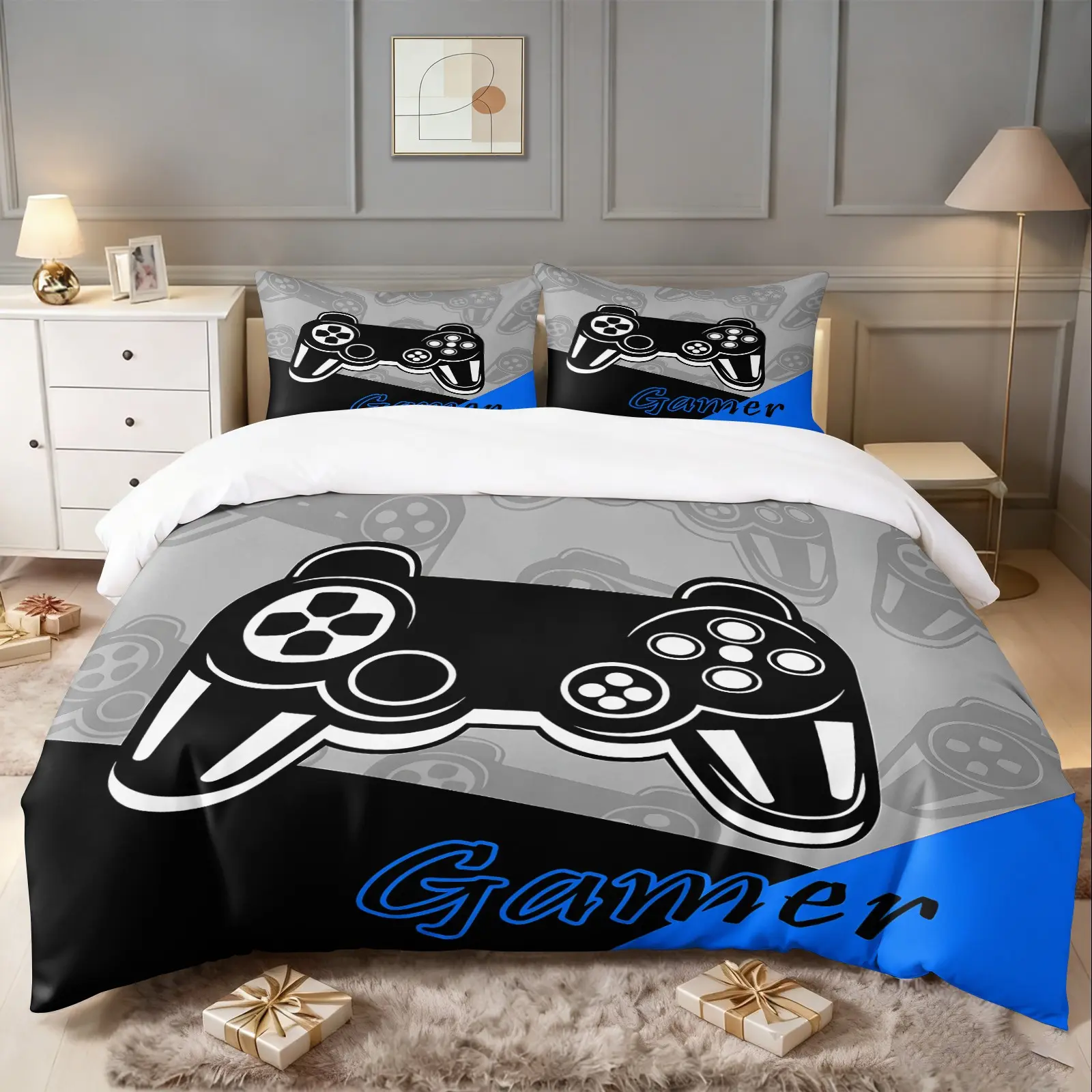 Esports-themed gaming controller print set, Bedroom Bedding Set, 2/3 Pcs,Includes 1 Count Duvet Cover & 1/2 Pillowcase without Filler,Passionate and stylish,Multiple styles available,Suitable for home bedrooms and hotels, Bedroom Bundle