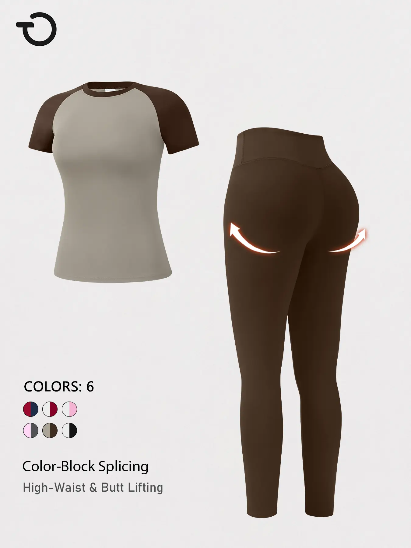TimeOFF Women's 2 Piece Matching Set - Color Block Workout Outfit with Short Sleeve Top & High Waist Butt Lifting Leggings for Yoga, Outfits, Women's Clothes, 2 Piece Sets, Workout Sets Women Stretch Fabric Activewear Stretchable Activewear