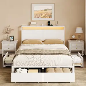 Hausneed Bed Frame:4 Spacious Under-Bed Drawers, Headboard Storage, LED-Lit Comfort, Whisper-Quiet Metal Support, 13 Heavy-Duty Slats Bed Frame