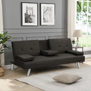 Sofa Bed with Armrest two holders  WOOD FRAME, STAINLESS LEG, FUTON BROWN  PVC,DARK BROWN    RR