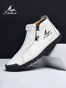 Men's Handmade Vintage Zipper Rubber Boots, Simple Fashion Round Toe Short Ankle Boots, Suitable for All Seasons, Casual Outdoor Walking Shoes, Footwear